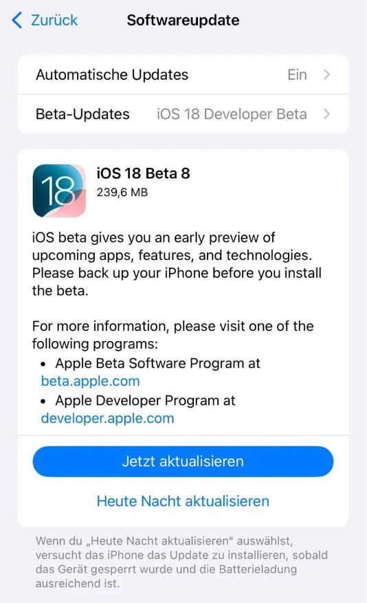 石景山苹果手机维修分享苹果 iOS / iPadOS 18 开发者预览版 Beta 8 发布 